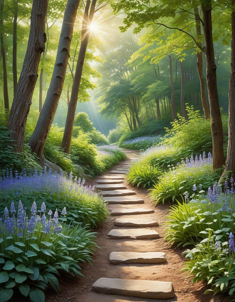 A serene landscape represents the journey of grief, with a winding path leading through a tranquil forest, dotted with soft rays of sunlight. Along the path, gentle memorial stones and blooming flowers symbolize remembrance and healing. In the distance, an inviting, warm-lit cottage signifies comfort and guidance. The color palette should evoke calmness, blending pastel shades of blues, greens, and soft purples. painting. vibrant colors.
