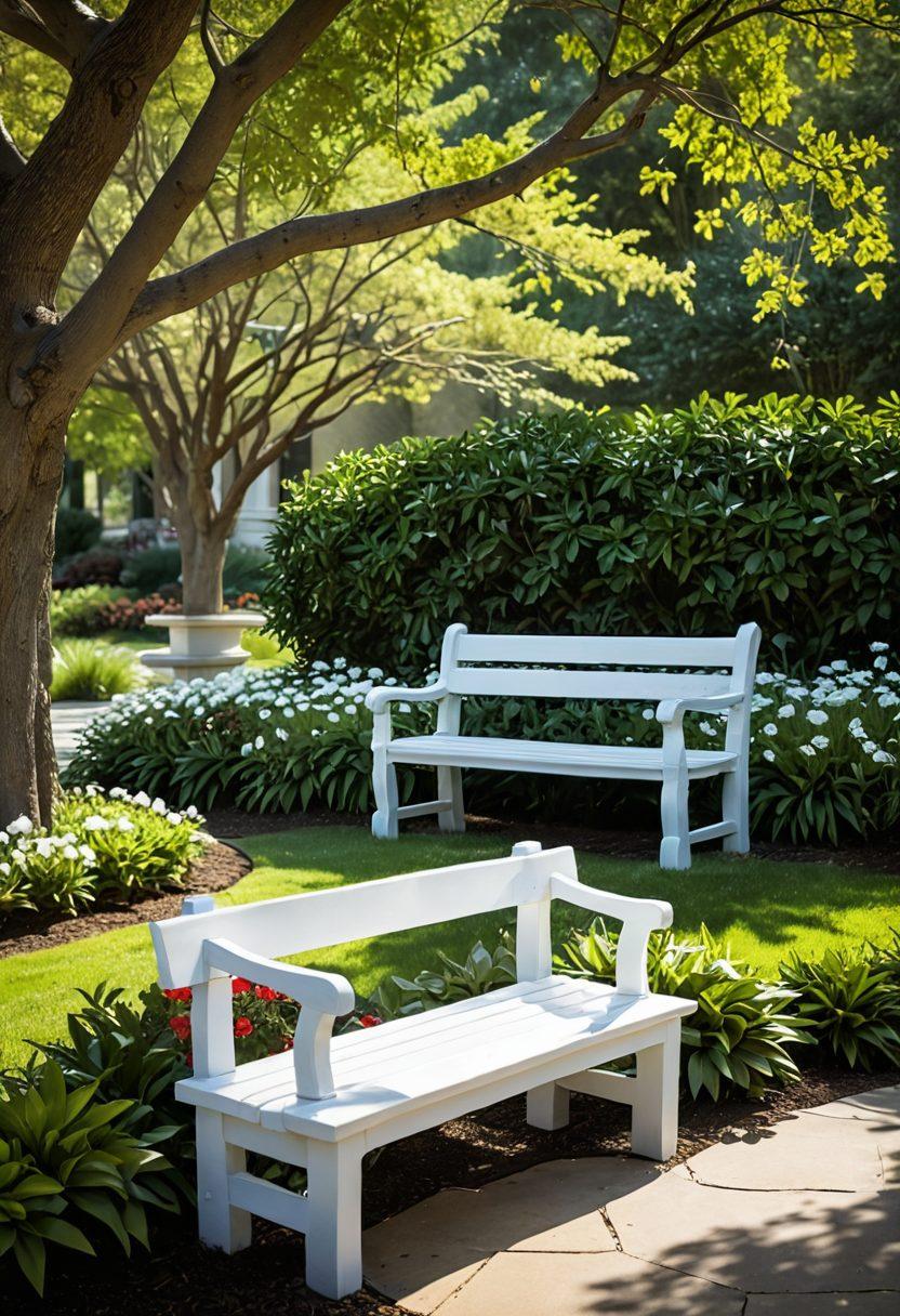 A serene scene depicting a peaceful memorial garden with blooming flowers, gentle sunlight filtering through trees, and a stone bench symbolizing reflection. Include soft ribbons tied to branches representing love and remembrance, with a distant silhouette of a person in contemplation. The atmosphere should evoke feelings of solace and support, creating a sense of community and healing. super-realistic. warm colors. tranquil background.